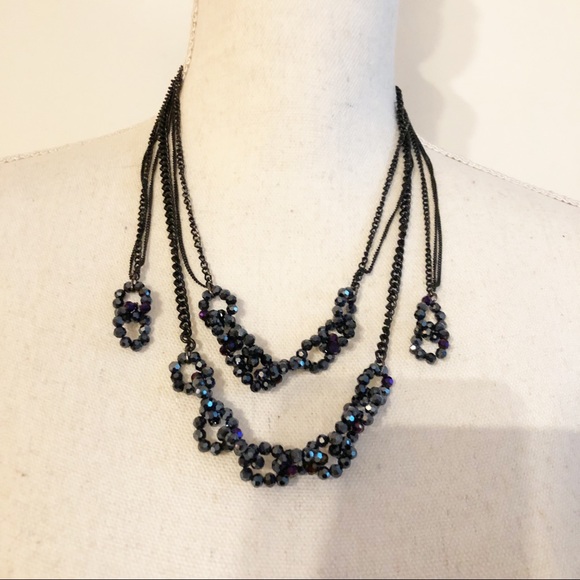 Navy Blue Jewel Beaded Double Layered Necklace with Gun Metal Chain - Picture 12 of 12